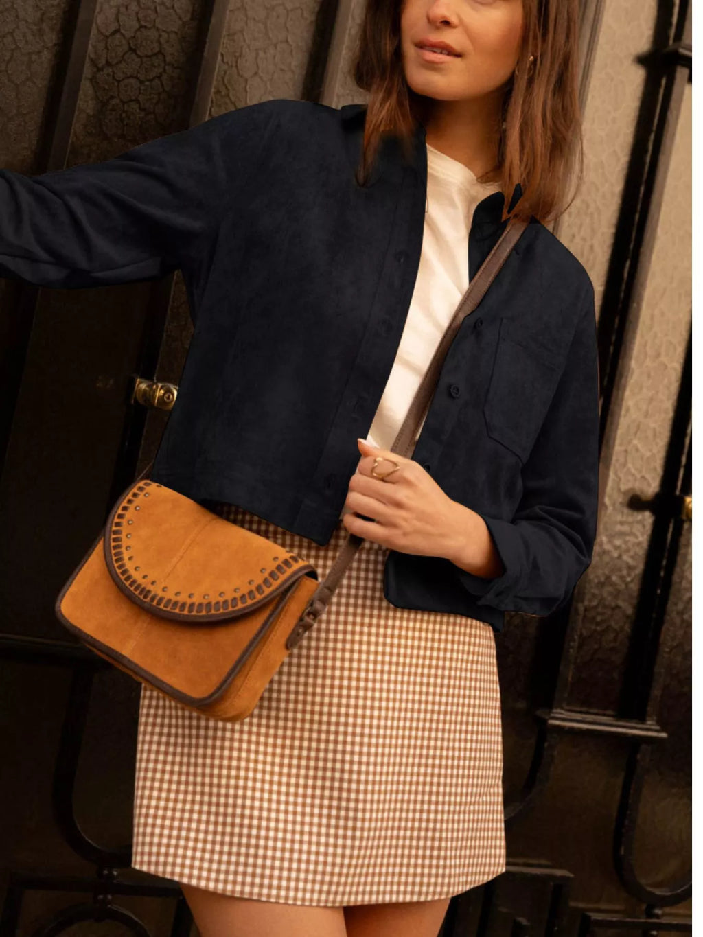 Cropped Faux Suede Button-Down Jacket