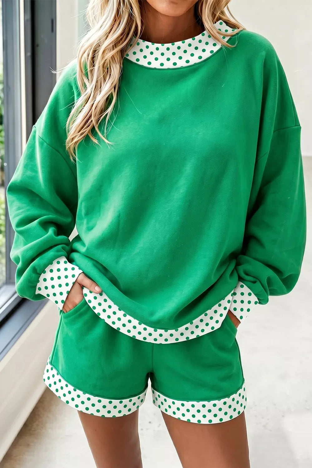 Polka Dot Trim Long Sleeve Sweatshirt and Shorts Set