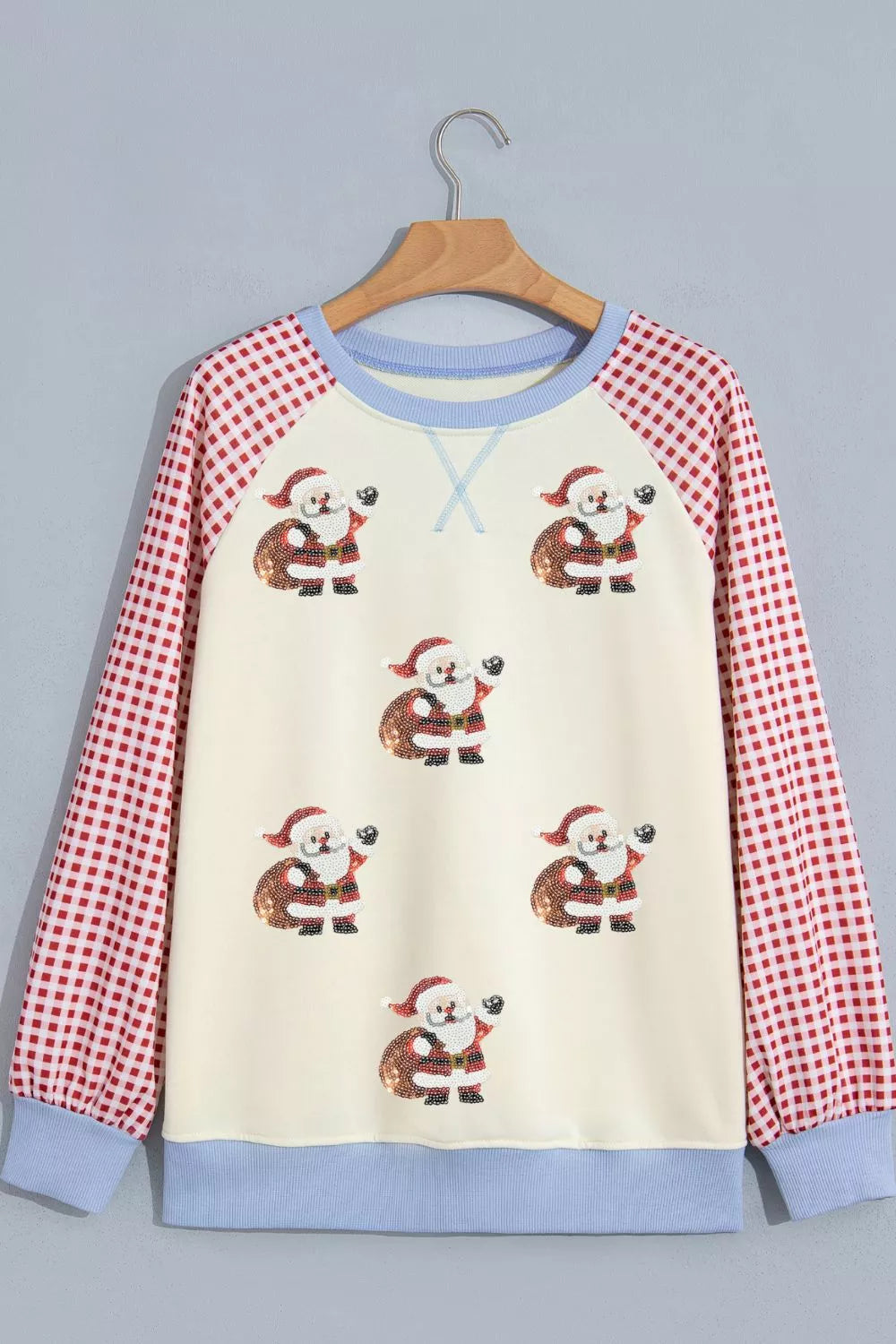Sequin Santa Plaid Sleeve Pullover Graphic Sweatshirt