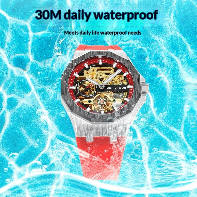 Fully Automatic Luminous Decorative Hollow Silicone-Strap Mechanical Alloy Watch