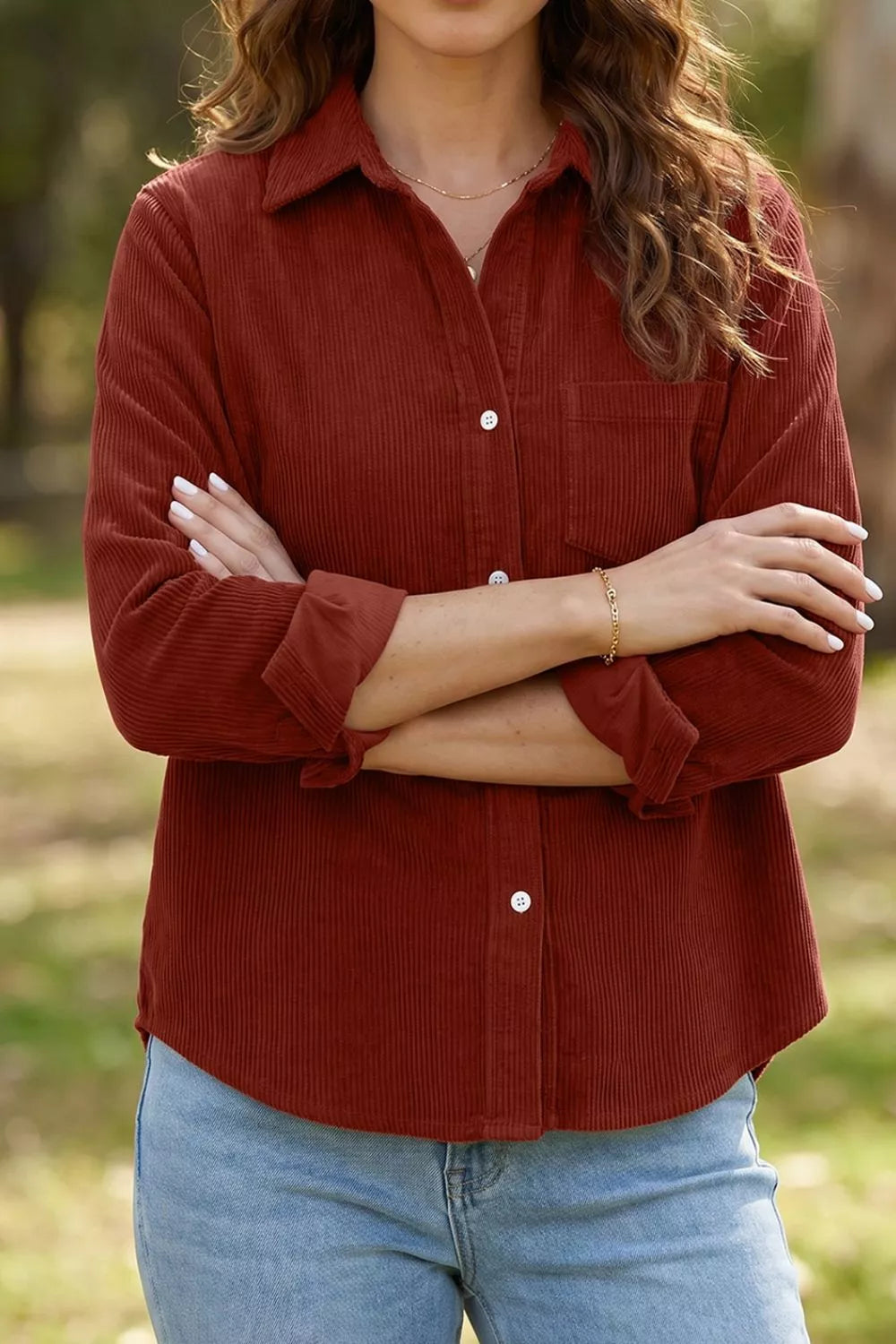 Adjustable Cuff Long Sleeve Corduroy Shirt