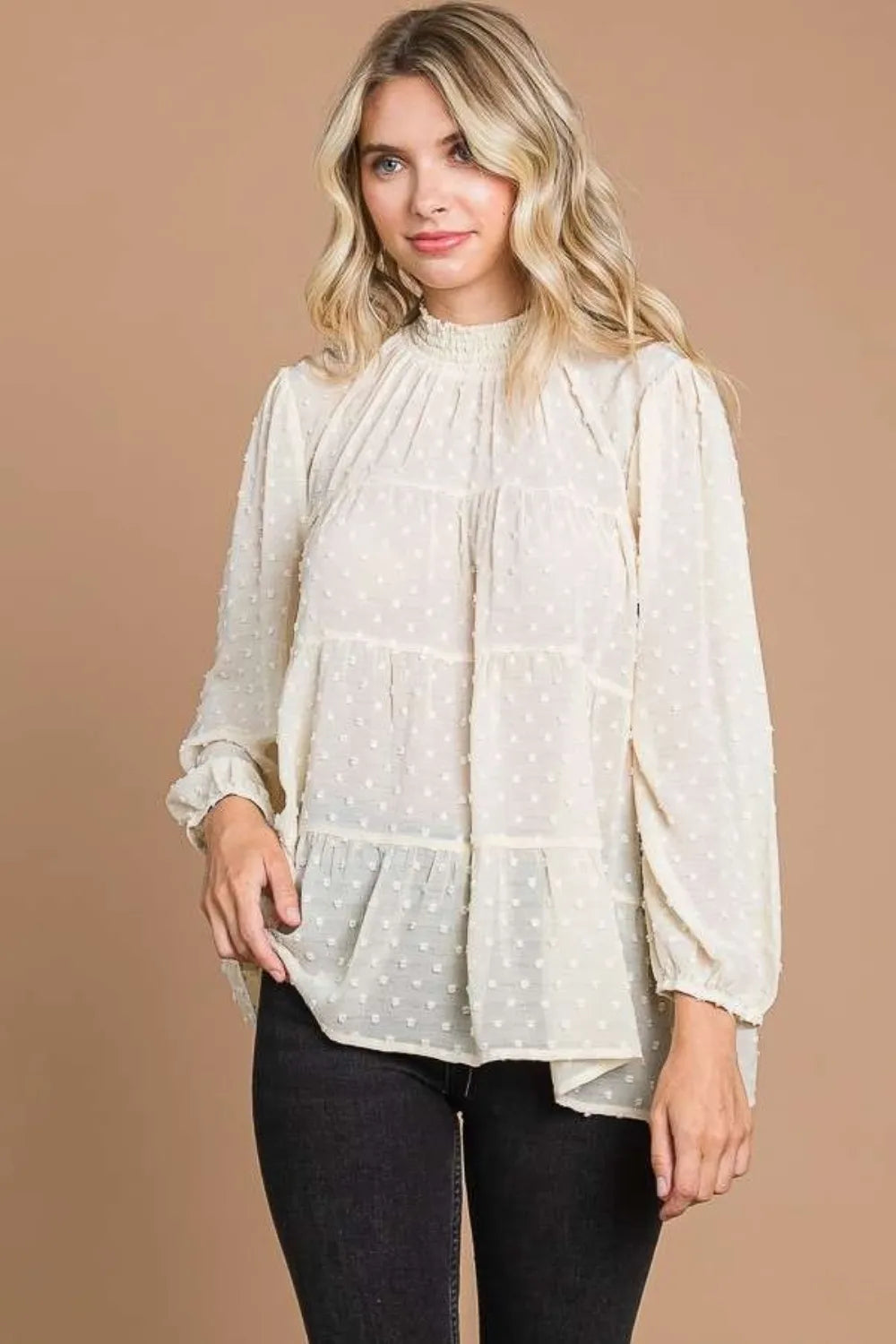 Swiss Dot Smocked Mock Neck Long Sleeve Blouse