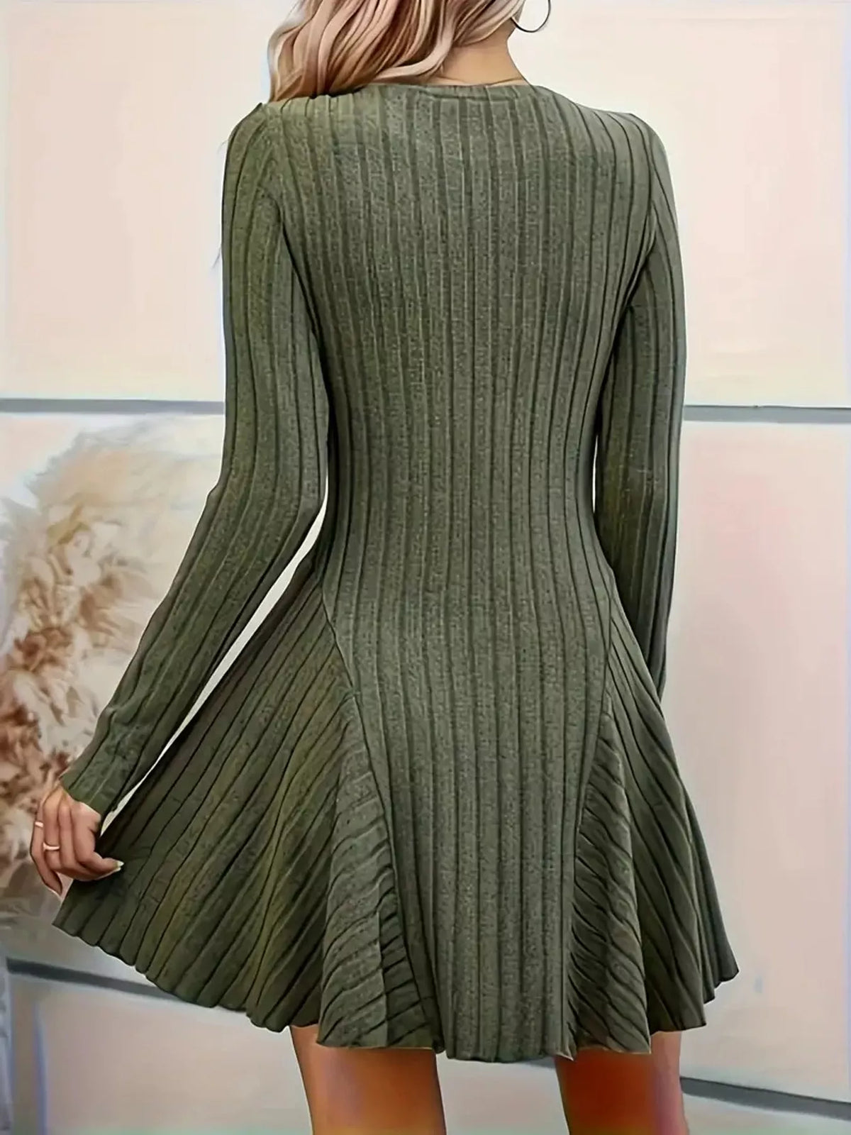 V-Neck Ribbed Knit A-Line Dress