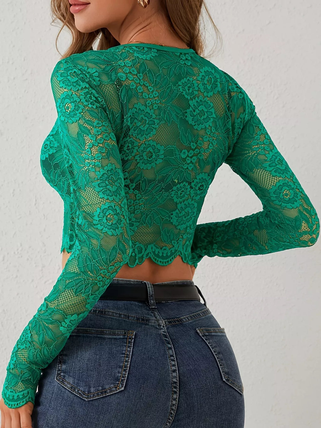Lace Sheer Long Sleeve Crop T-Shirt