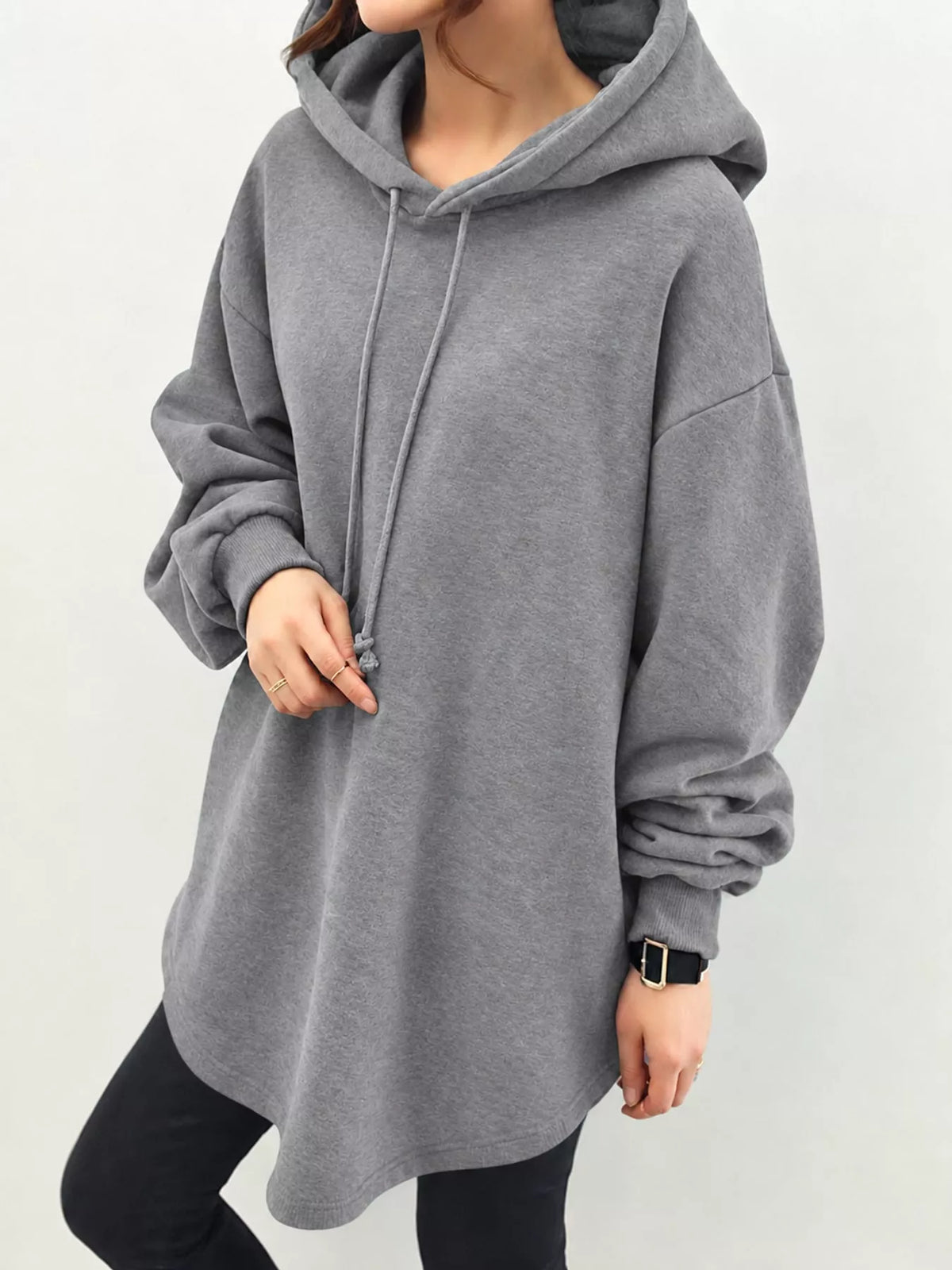 Full Size Drawstring Dropped Shoulder Hoodie Plus Size