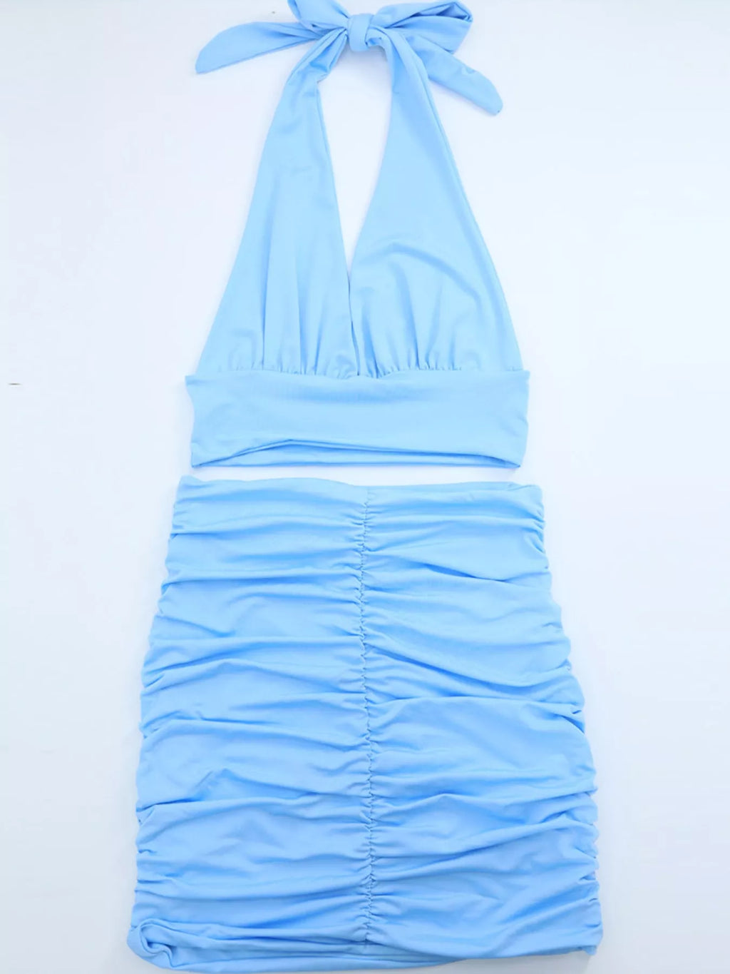 Halter Crop Top and Ruched Bodycon Mini Skirt Set