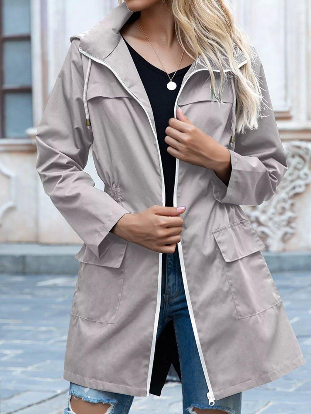 Zip Up Drawstring Waist Hooded Jacket