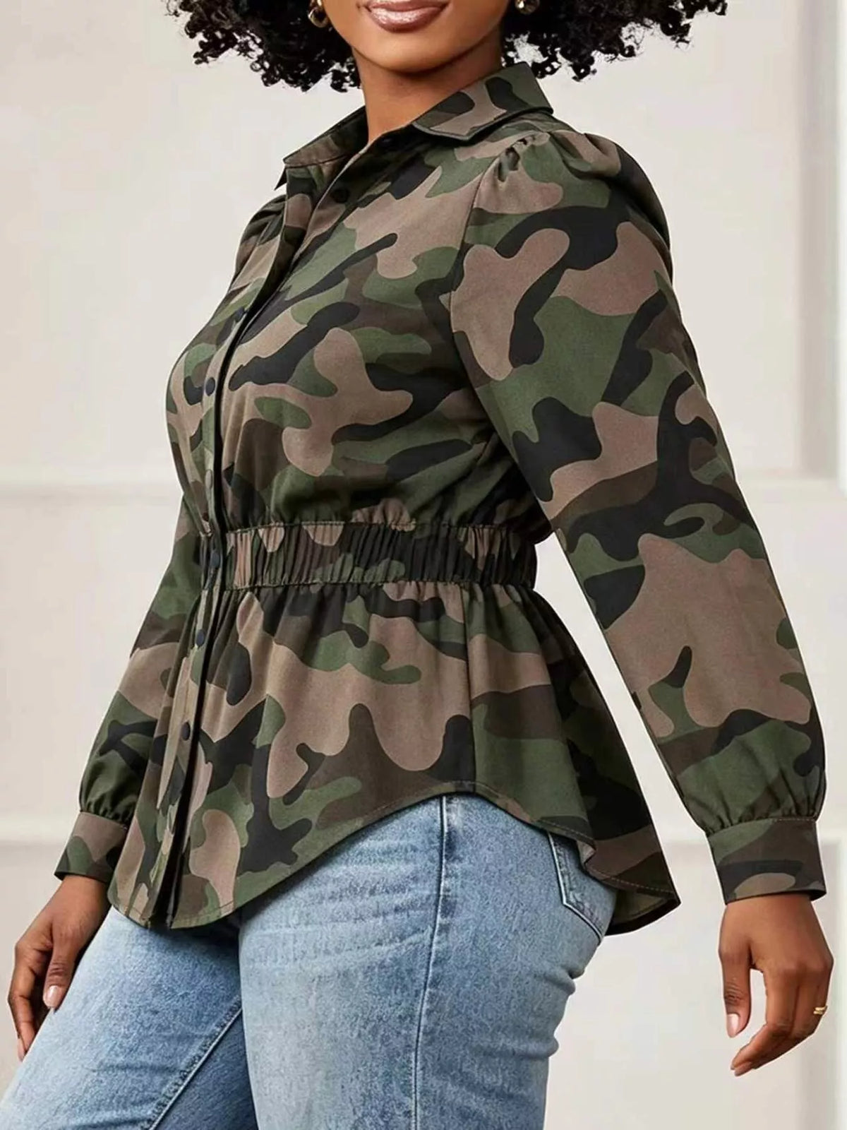 Camouflage Button Front Long Sleeve Blouse