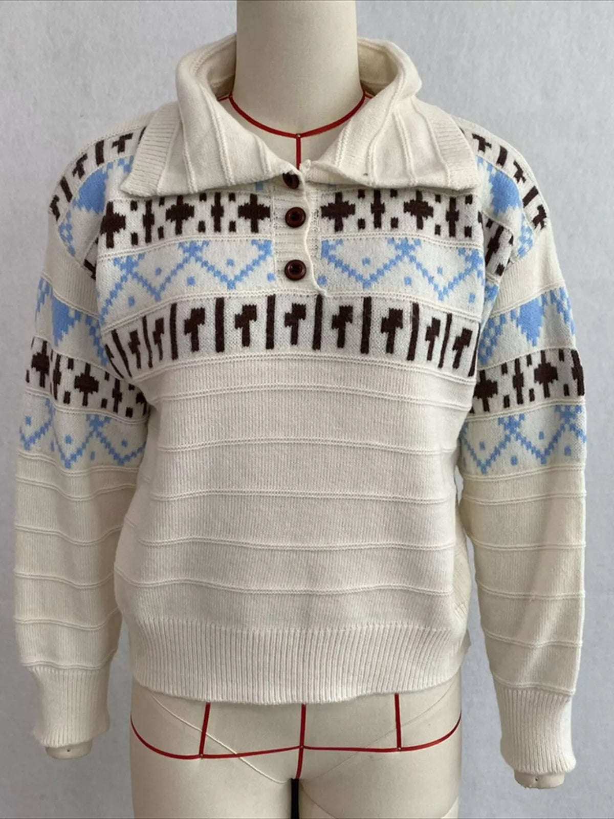 Vintage-Inspired Fair Isle Patterned Polo Sweater