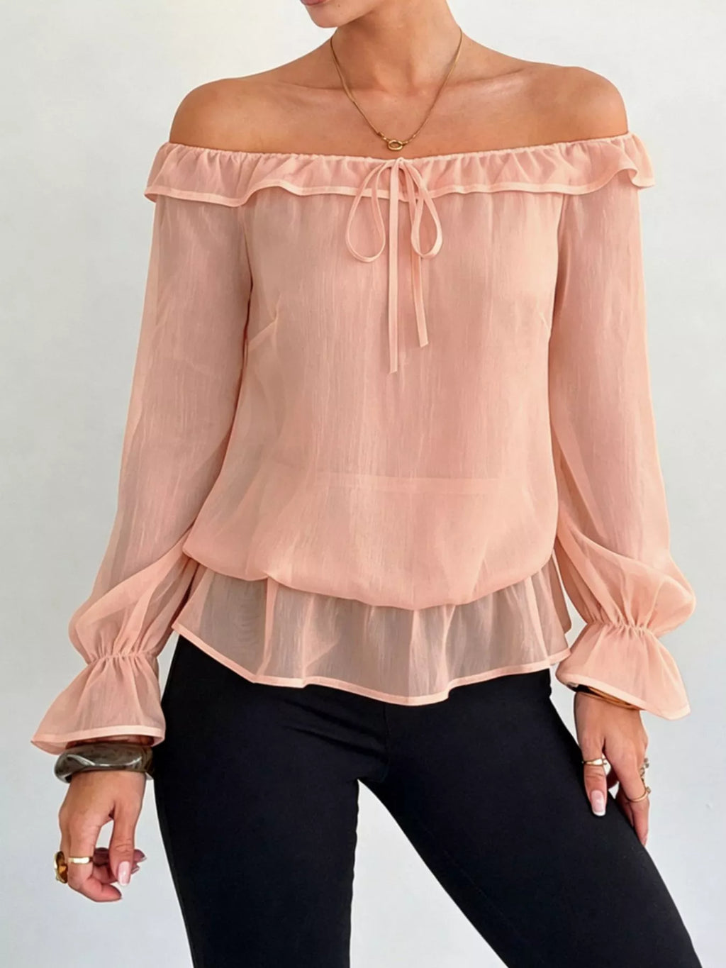 Off-Shoulder Flounce Sleeve Chiffon Blouse
