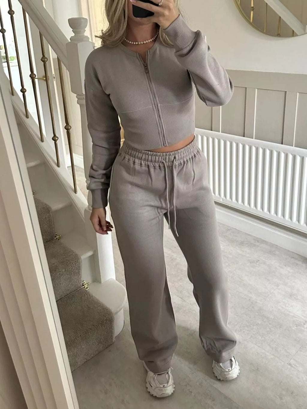 Zip-Up Crop Hoodie and High-Waisted Pants Set