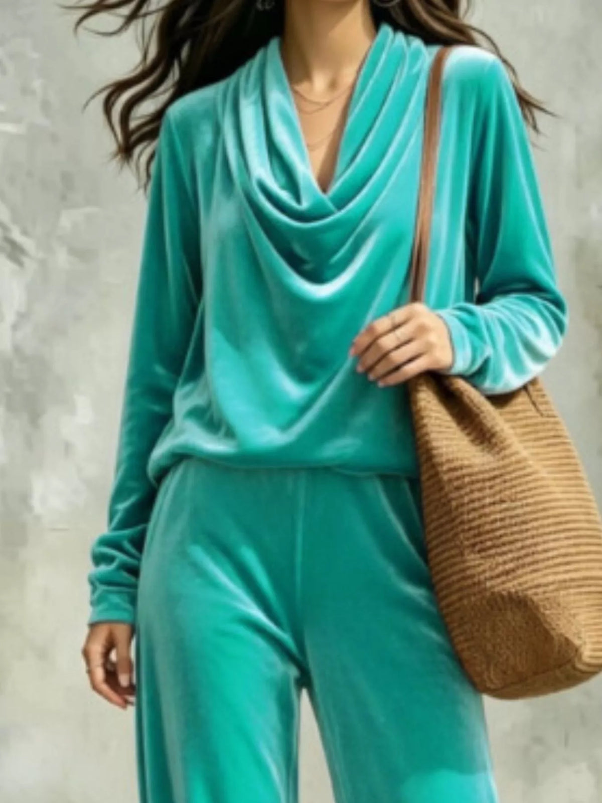 Full Size Velvet Cowl Neck Top and Pants Set Plus Size