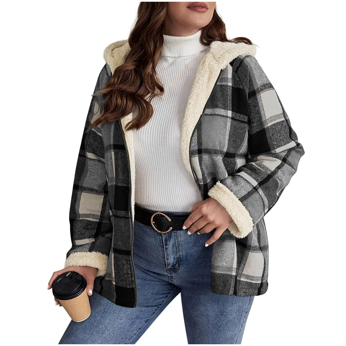 Plaid Printed Coat Fleece-lined Thickened Composite Hooded