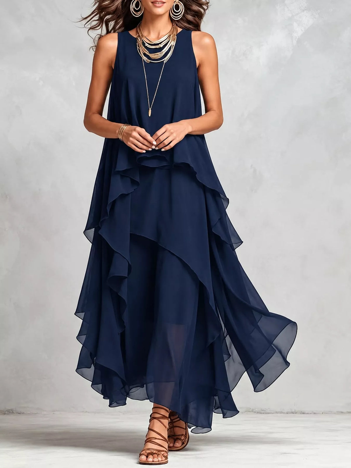 Ruffled Round Neck Sleeveless Maxi Dress