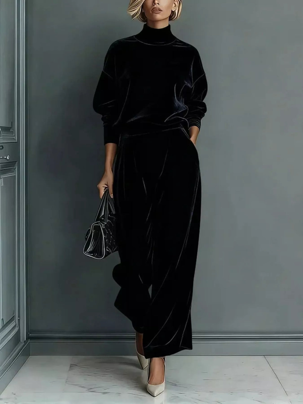 Full Size Elegant Velvet Mock Neck Long Sleeve Top and Wide-Leg Pants Set Plus Size