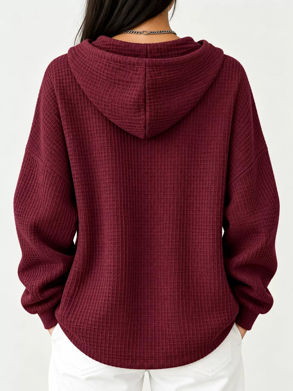 Full Size Waffle Knit Button Detail Hoodie Plus Size