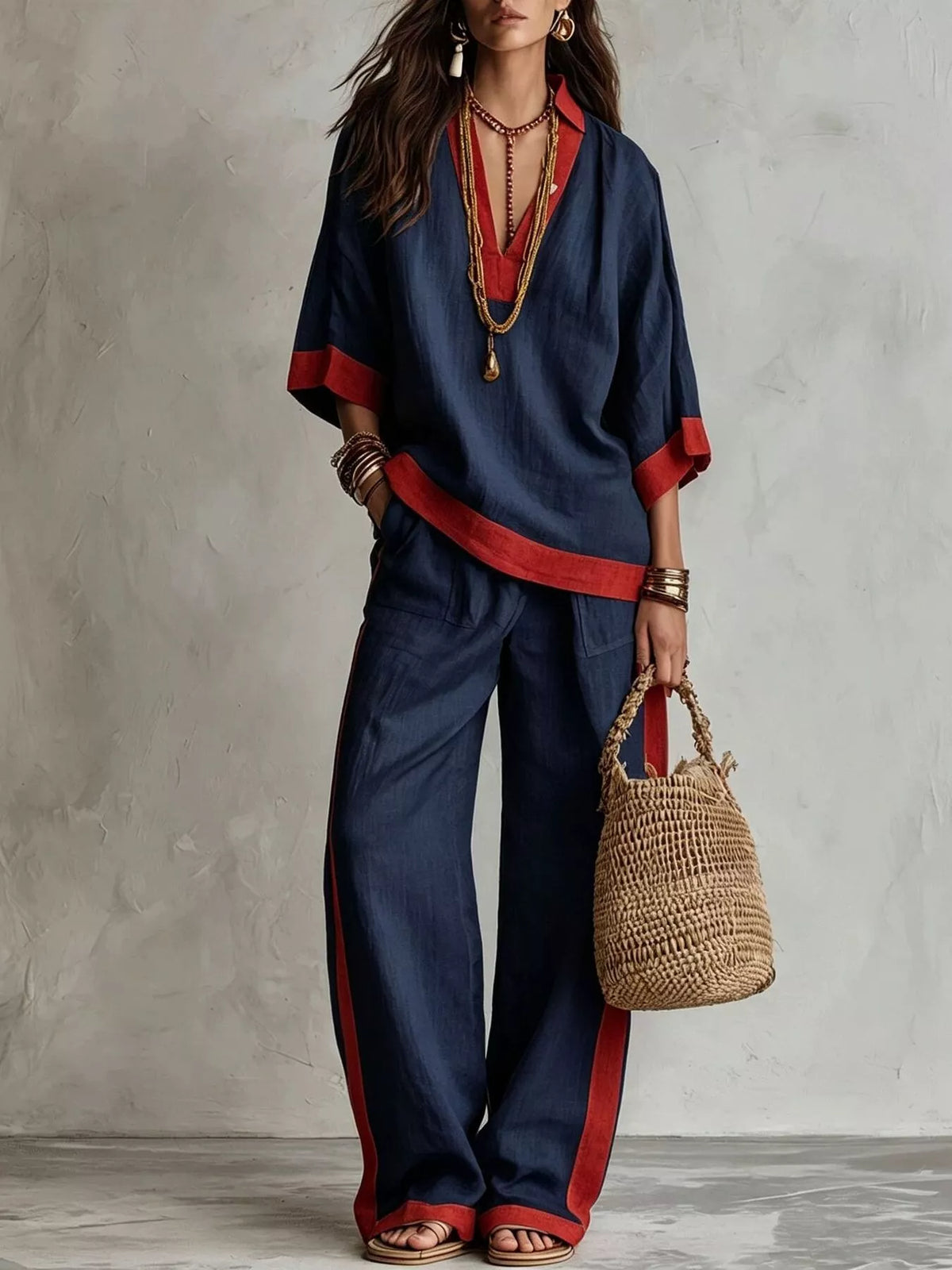 Full Size Contrast Trim Top and Wide Leg Pants Set Plus Size