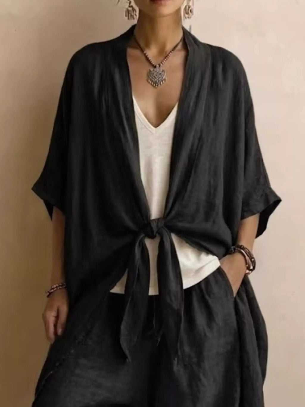 Full Size Tie-Front Cardigan and Wide-Leg Pants Set Plus Size