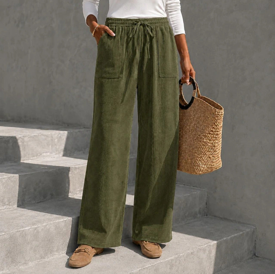 Autumn Winter European And American Cross-Border Women's Corduroy Wide Leg Pants With Elastic Waist And Drawstring, Loose Casual Long Pants