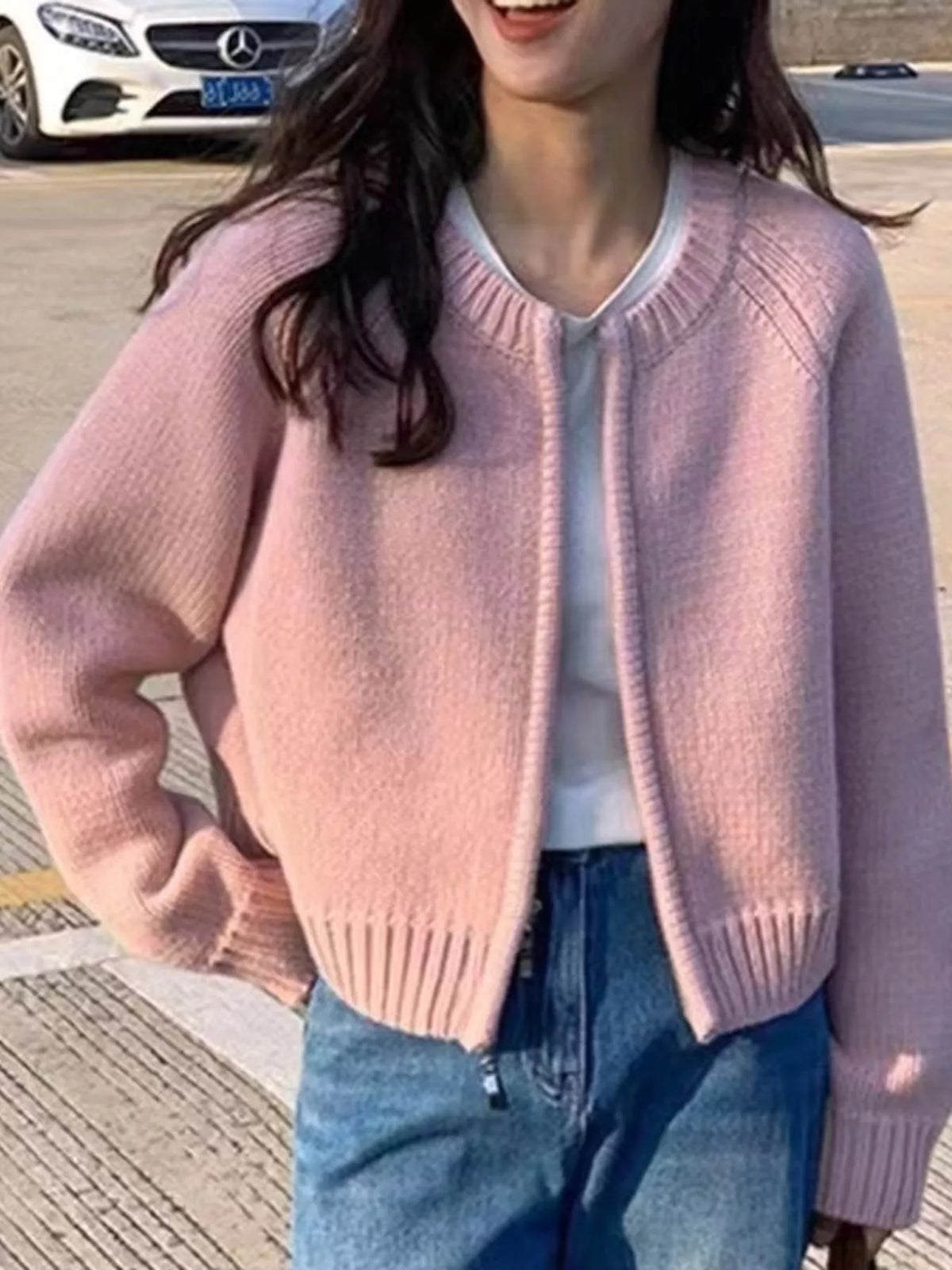 Ribbed Hem Zip-Up Cardigan