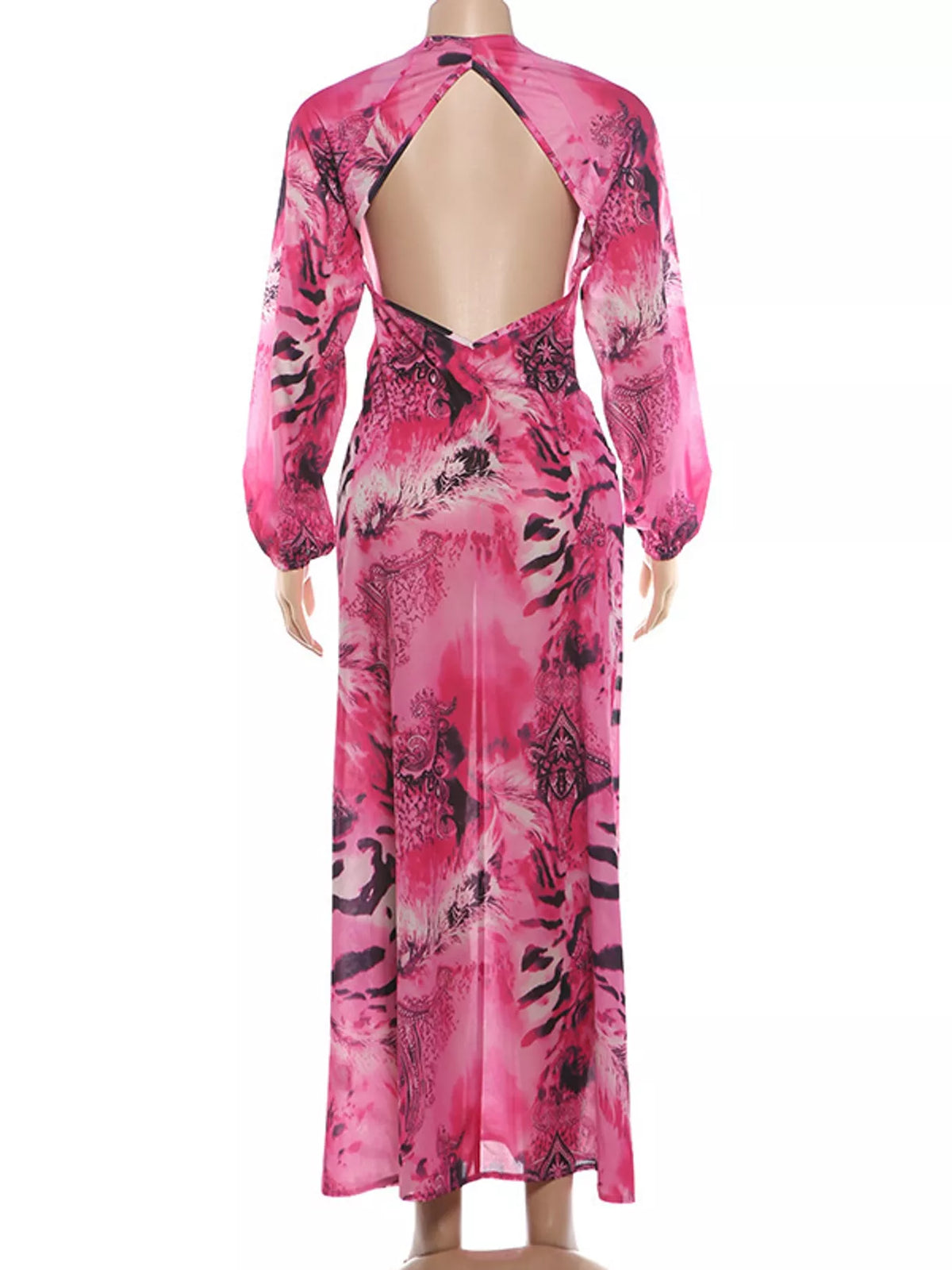 Deep V-Neck Long Sleeve Printed Maxi Dress