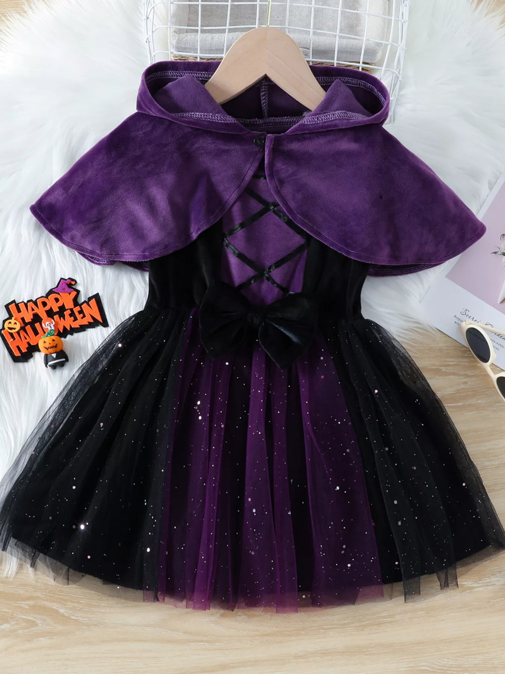 Children's Velvet Hooded Cape and Tulle Dress Halloween Witch Costume Set