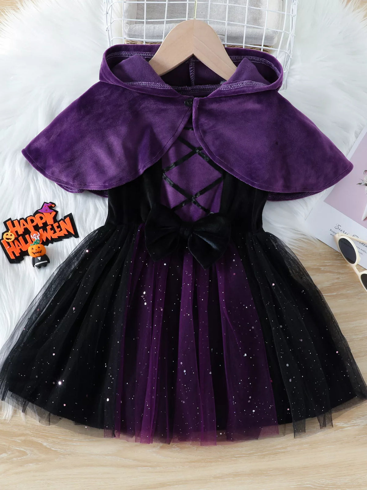 Children's Velvet Hooded Cape and Tulle Dress Halloween Witch Costume Set