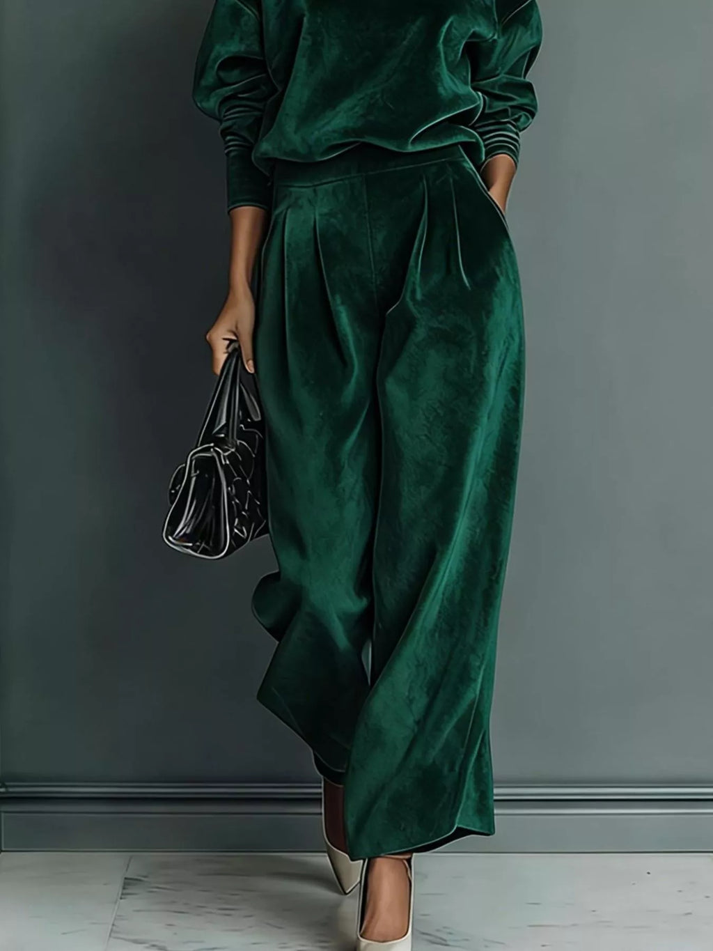 Full Size Elegant Velvet Mock Neck Long Sleeve Top and Wide-Leg Pants Set Plus Size