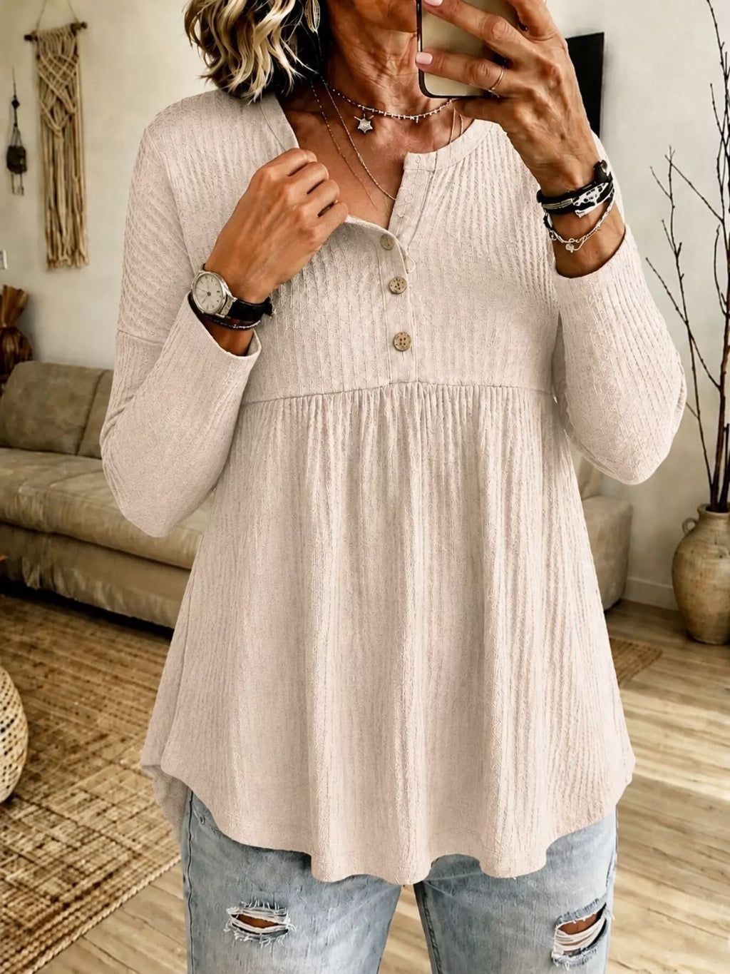 Button Detail Knitted Casual Top