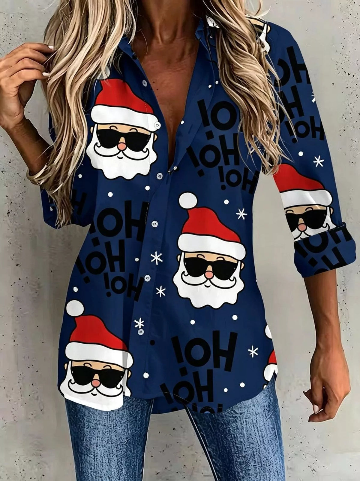 Full Size Christmas Santa Claus Print Button-Down Shirt Plus Size