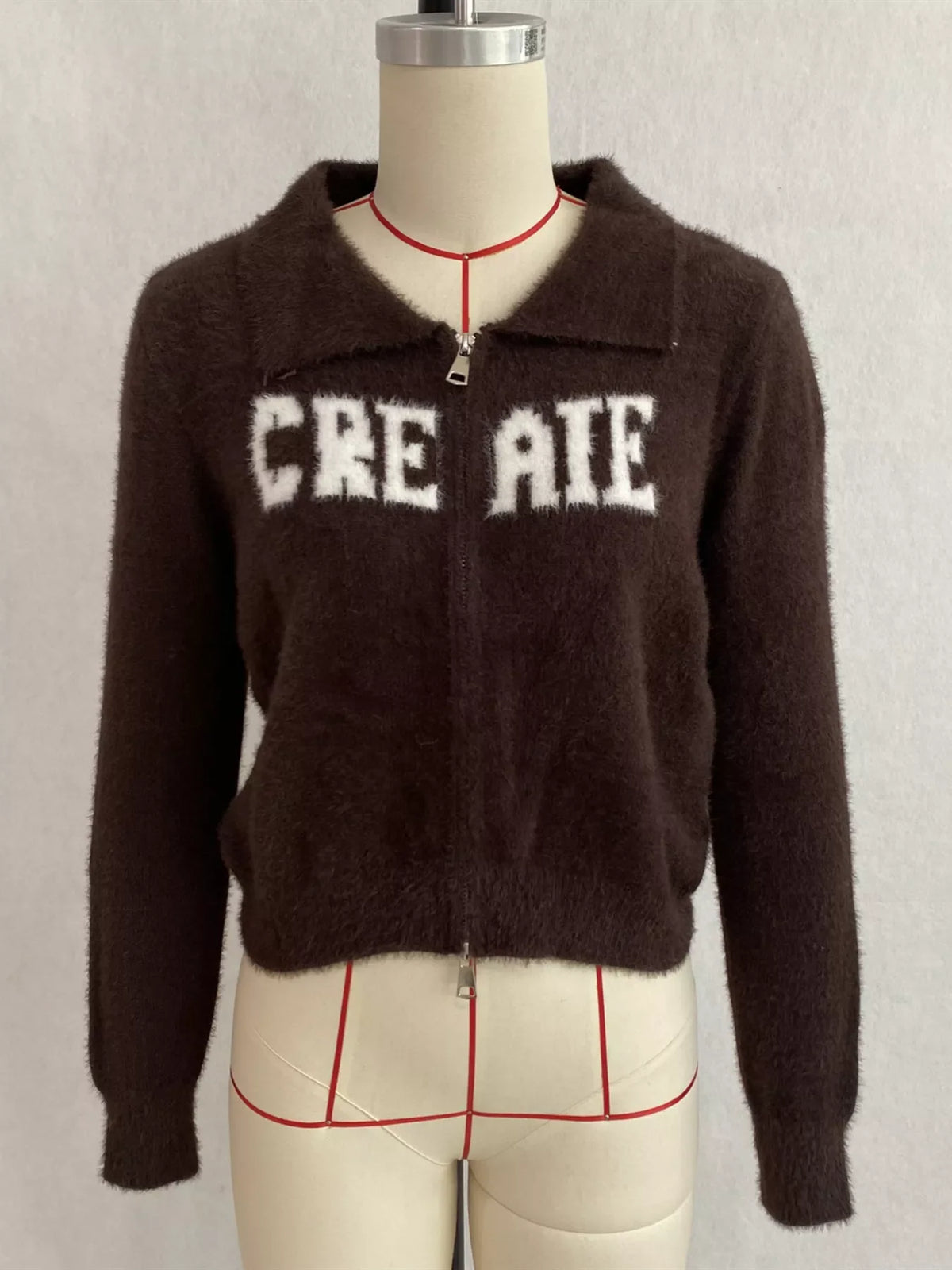 Fuzzy Letter Zip-Up Cardigan