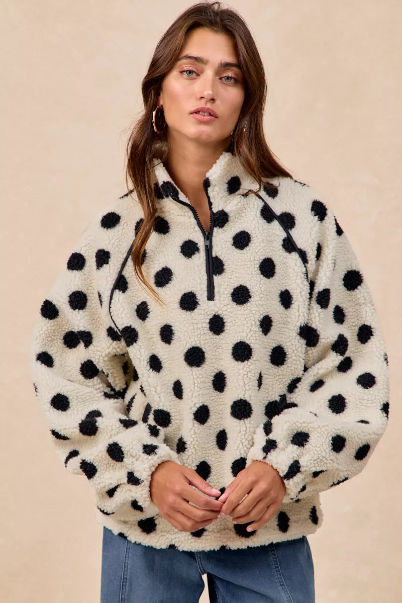 BiBi Polka Dot Sherpa Half Zip Up Top with Side Pocket