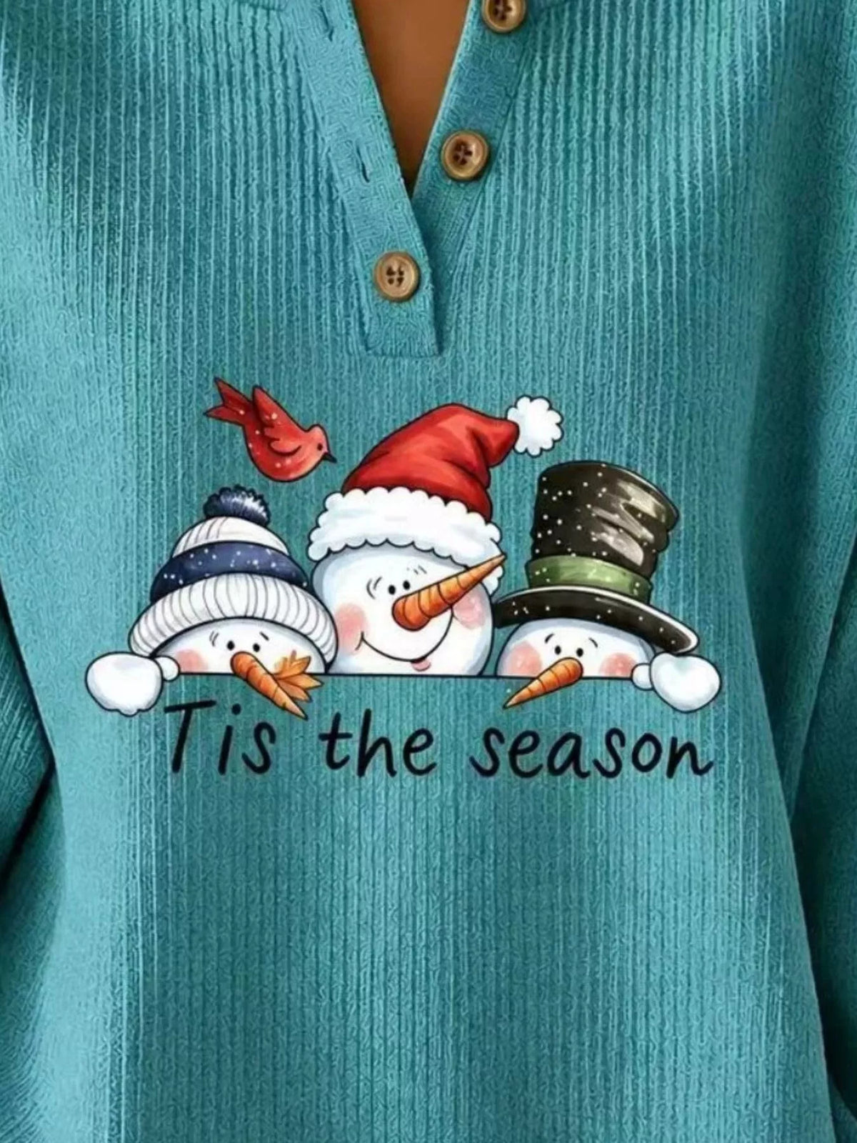 Full Size Christmas Themed Snowman Graphic Ribbed Henley Sweatshirt Plus Size