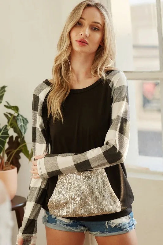 BiBi French Terry Top with Sequins Kangaroo Pocket