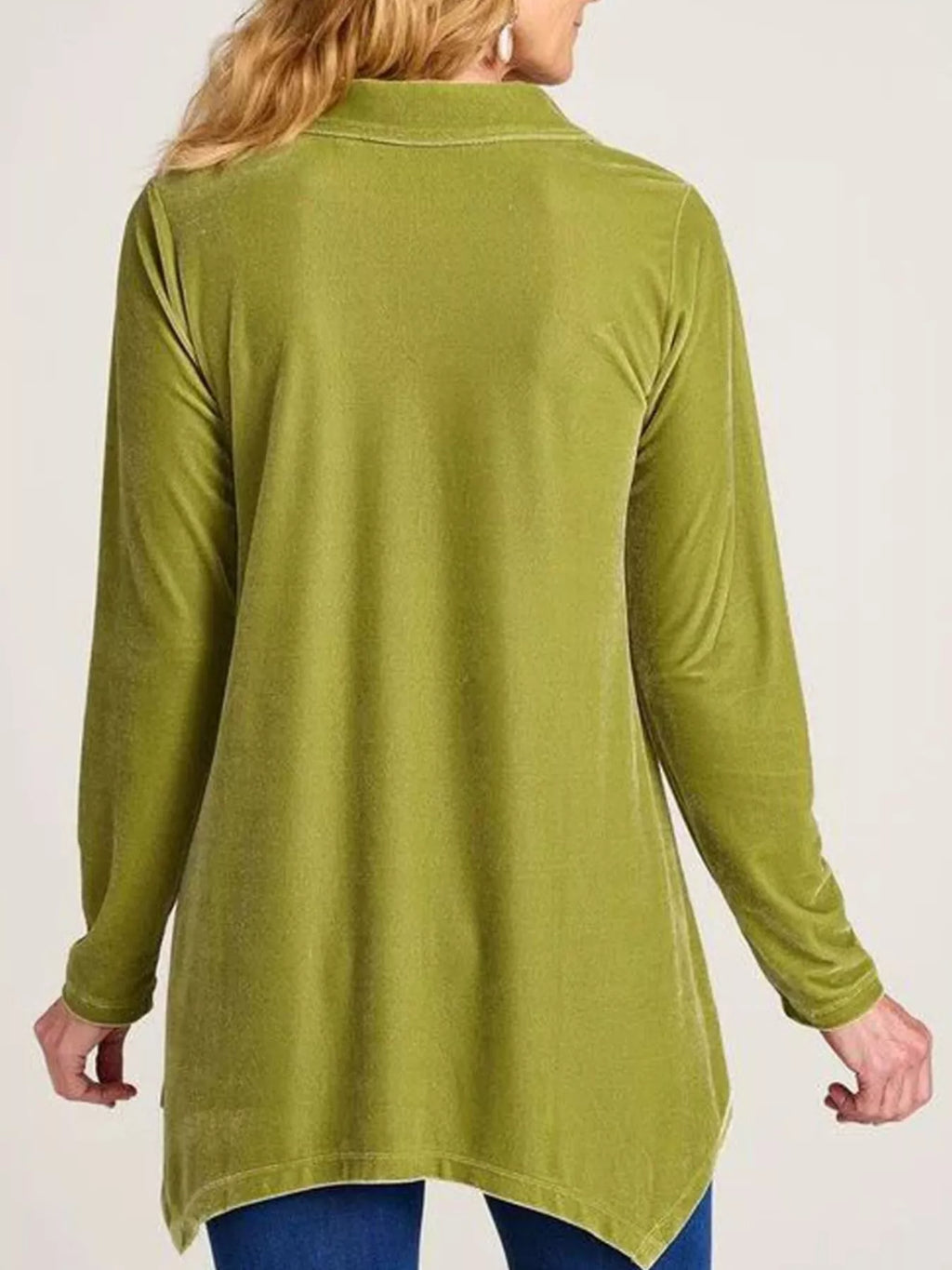 Velvet Button-Down Long Sleeve Shirt with Asymmetrical Hemline