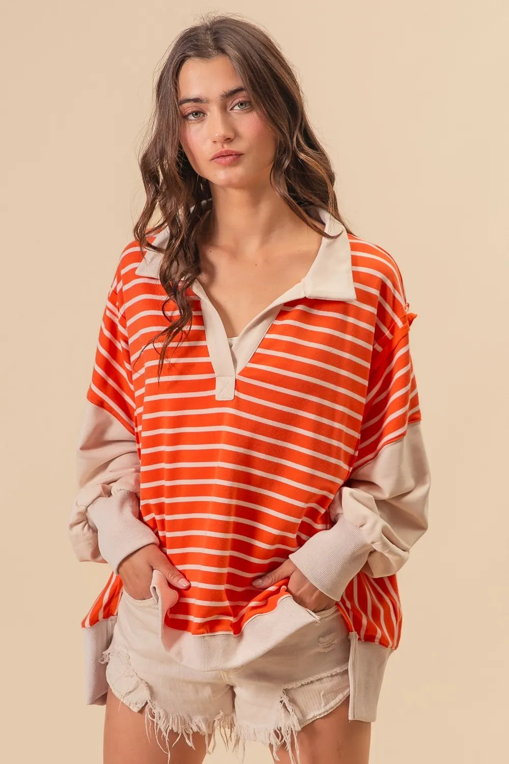 BiBi Stripe Knit Loose Fit Top With Cut Edge Detail