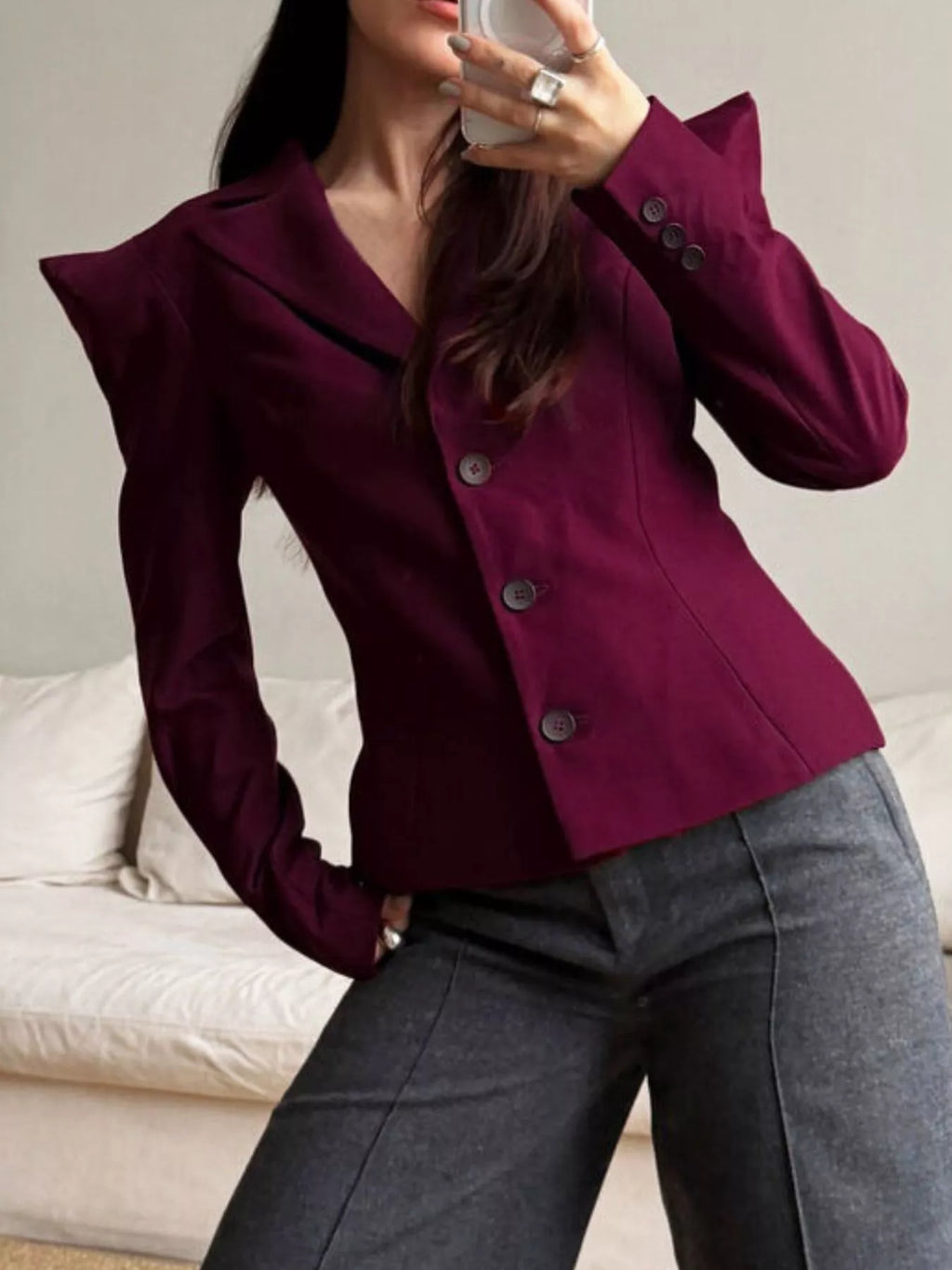 Sharp-Shouldered Tailored Long Sleeve Blazer