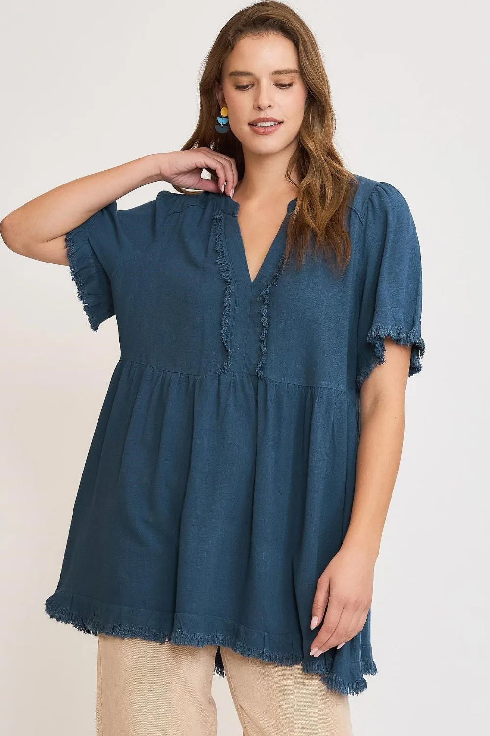Umgee Full Size Raw Hem Notched Babydoll Linen Blouse Plus Size