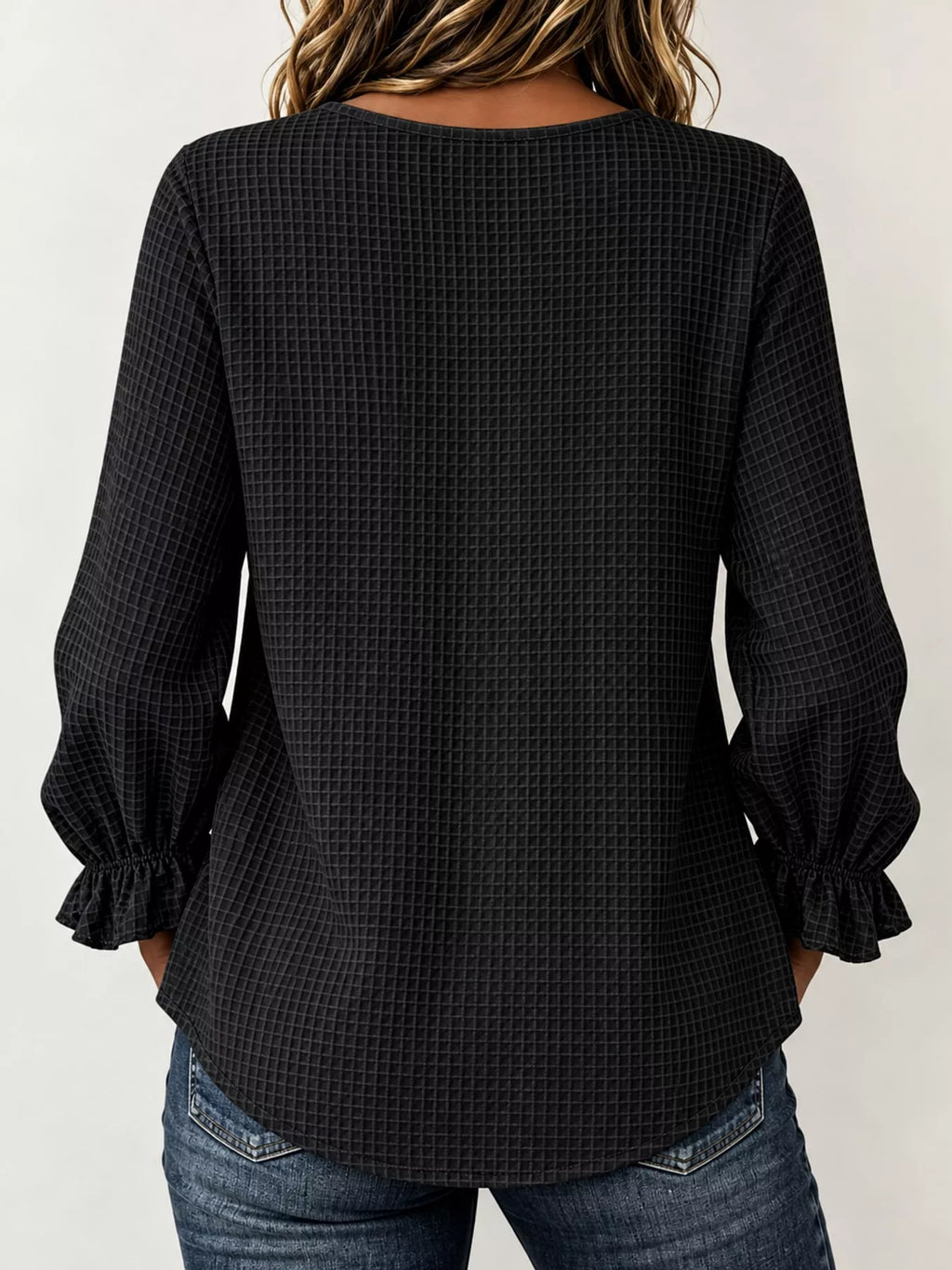 Full Size Waffle Knit Flounce Sleeve Blouse Plus Size