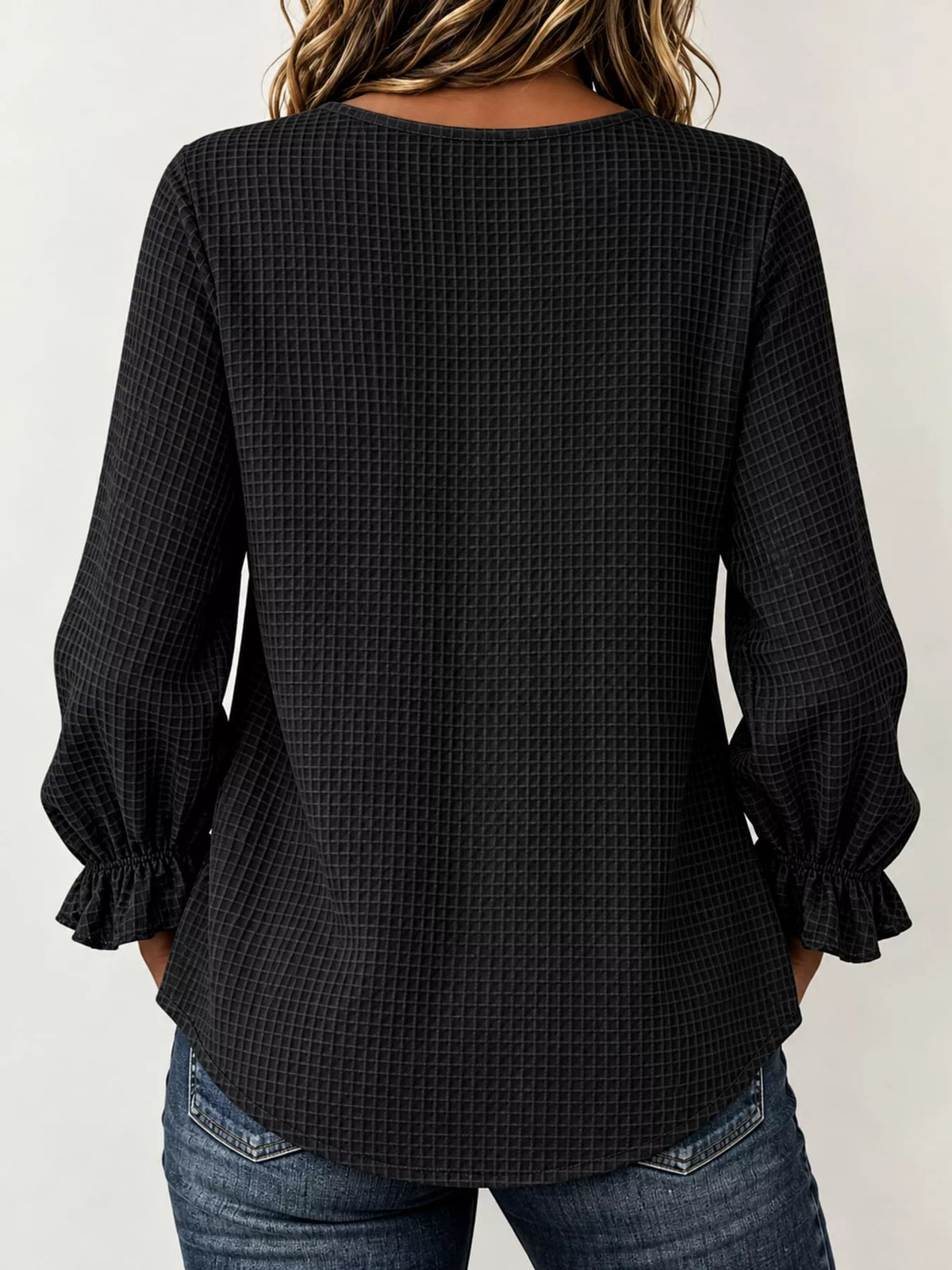 Full Size Waffle Knit Flounce Sleeve Blouse Plus Size