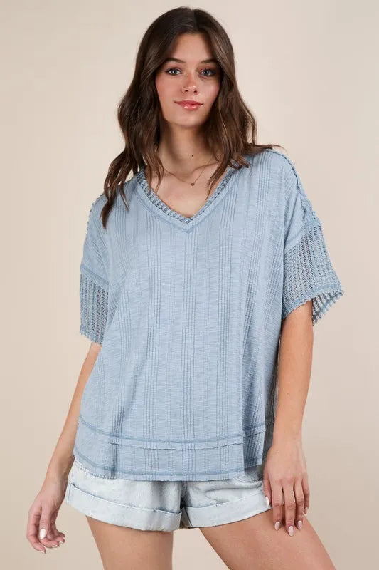 Oversized Contrast Knit Top with Lace Trim and V-Neck