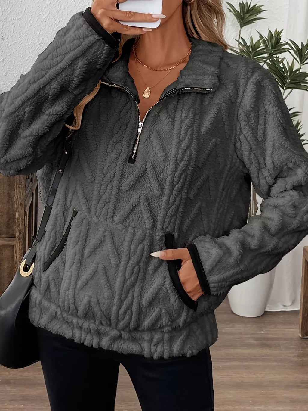 Full Size Quarter-Zip Sherpa Sweatshirt Plus Size