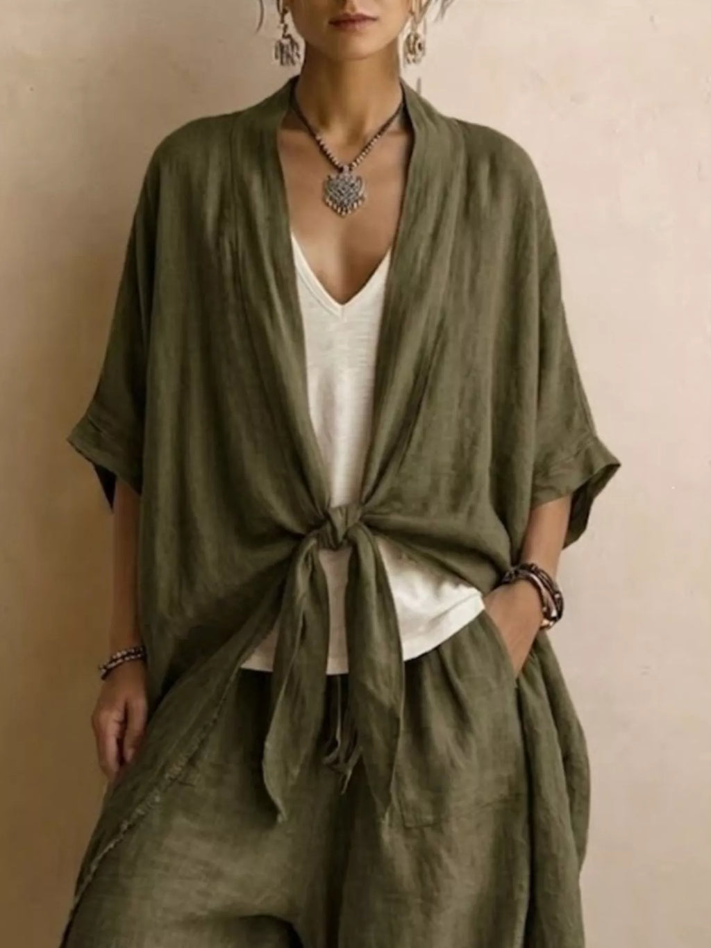 Full Size Tie-Front Cardigan and Wide-Leg Pants Set Plus Size