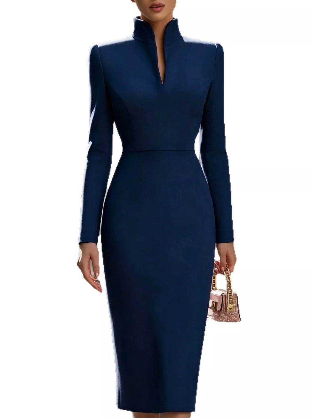 Full Size Stand-Collar Long-Sleeve Midi Dress Plus Size