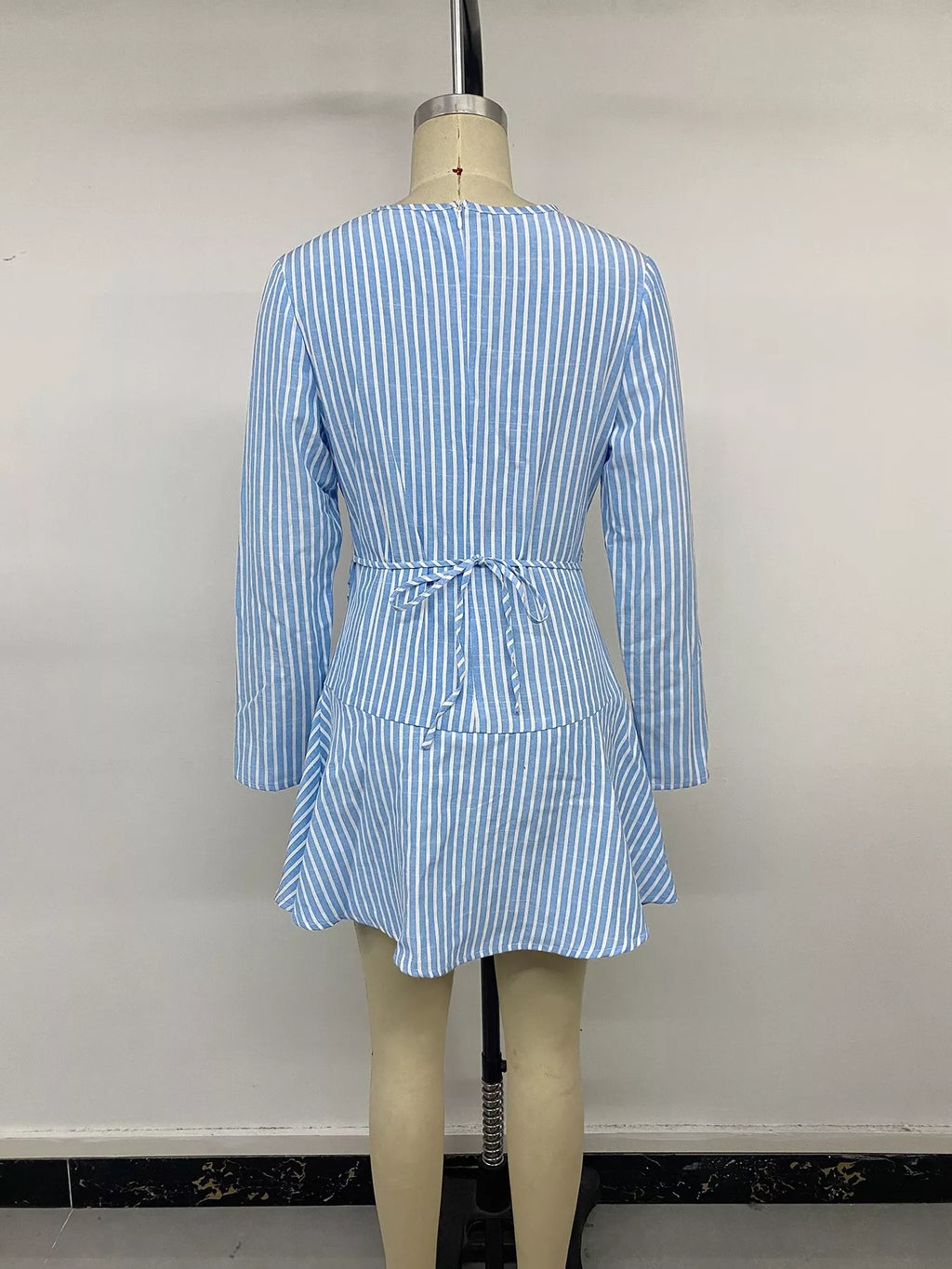 Striped Long-Sleeve Ruched Mini Dress