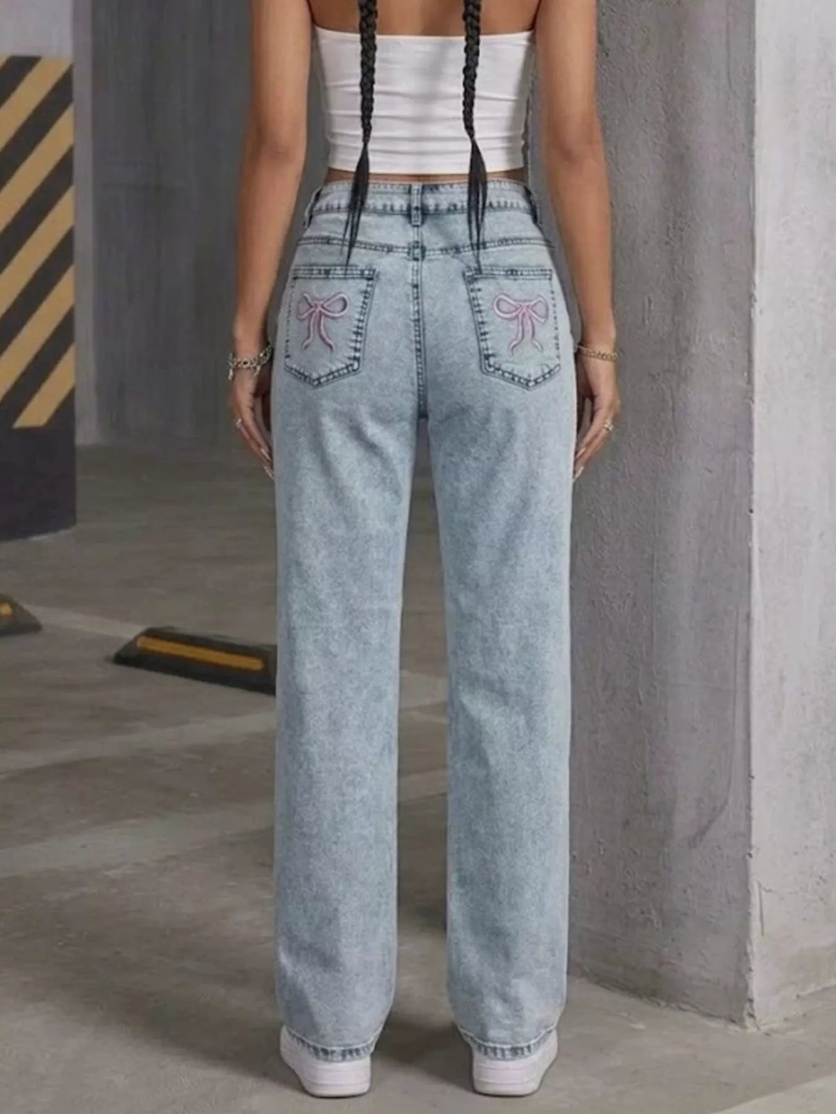 High-Waisted Acid Wash Straight Leg Jeans
