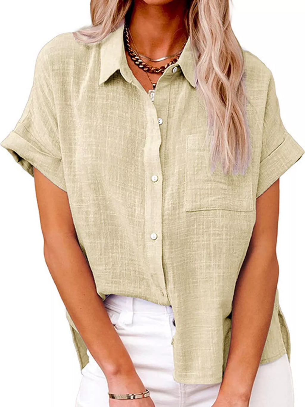 Full Size Button Up Short Sleeve Shirt Plus Size