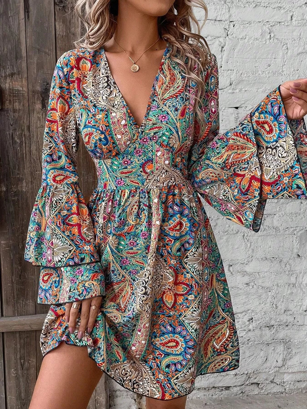 Paisley Print V-Neck Bell Sleeve Mini Dress