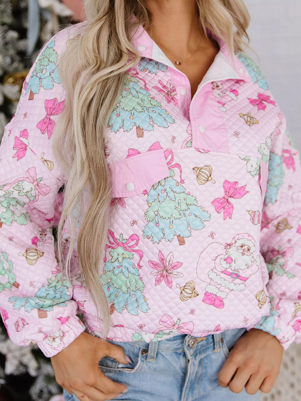 Christmas Print Collar Half Button Loose Sweatshirt