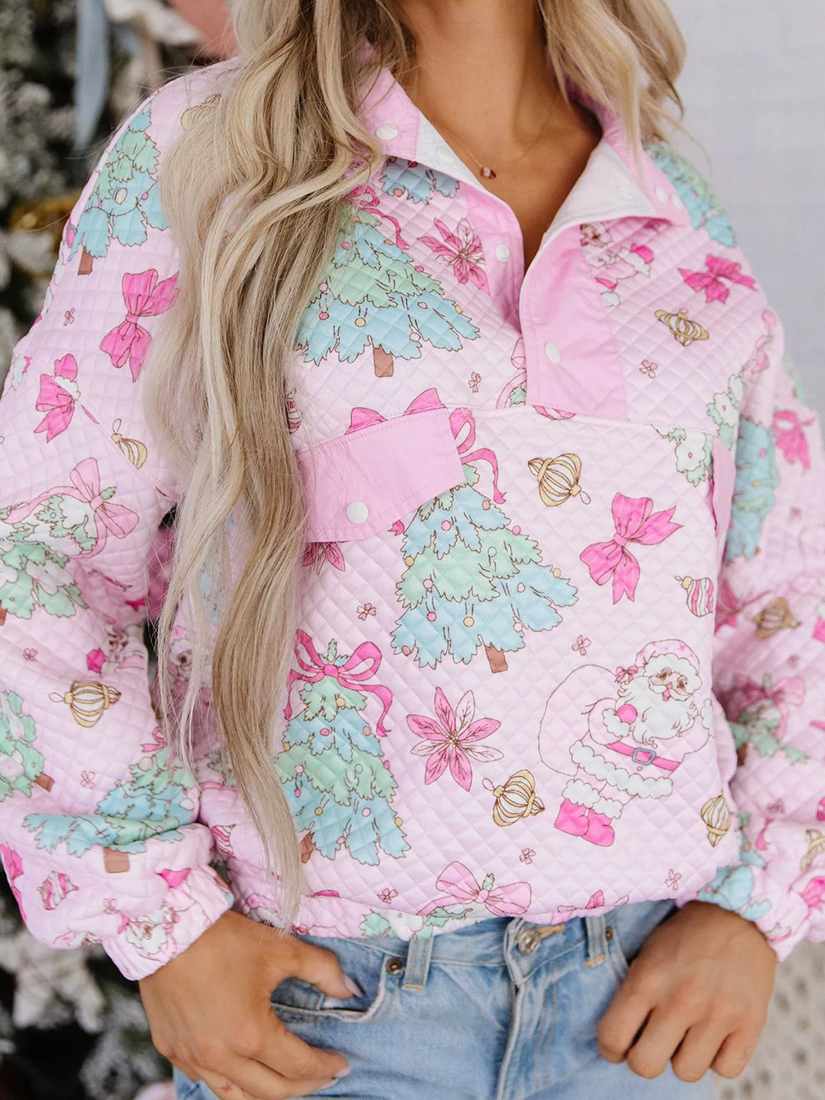 Christmas Print Collar Half Button Loose Sweatshirt